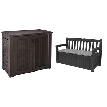 Rubbermaid Patio Chic Boîte de rangement extérieure en résine résistante aux intempéries, 123 gallons, panier en osier de chêne noir et Keter Solana, banc de rangement de 70 gallons pour meubles de patio, armoire + boîte de terrasse 70 GL 