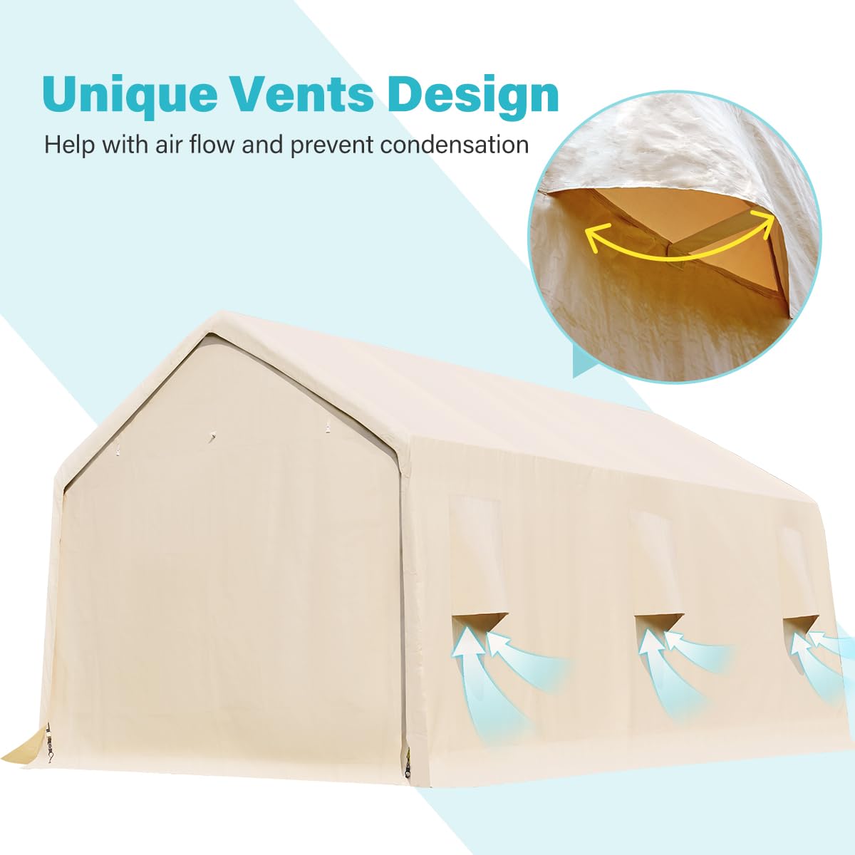 ADVANCE OUTDOOR Tente de garage de 4,3 x 6,1 m avec 2 portes enroulables et aérations, abri de rangement extérieur portable pour véhicule, camion, bateau, anti-UV, résistant à la neige, imperméable, beige 