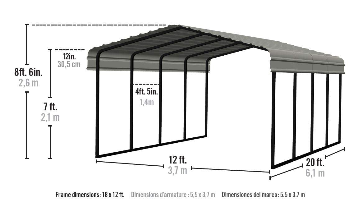 Arrow Shed 12 x 20 x 7-Foot Heavy Duty Galvanized Steel Metal Multi-Use Shelter, Shade, Carport, 12' x 20' x 7', Charcoal color