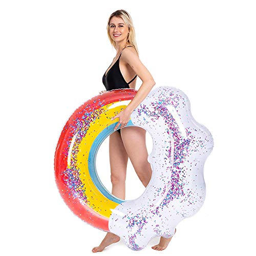 Tzsmat Flotteur de piscine gonflable géant arc-en-ciel avec paillettes à l'intérieur, flotteurs de plage amusants, jouets de fête de natation