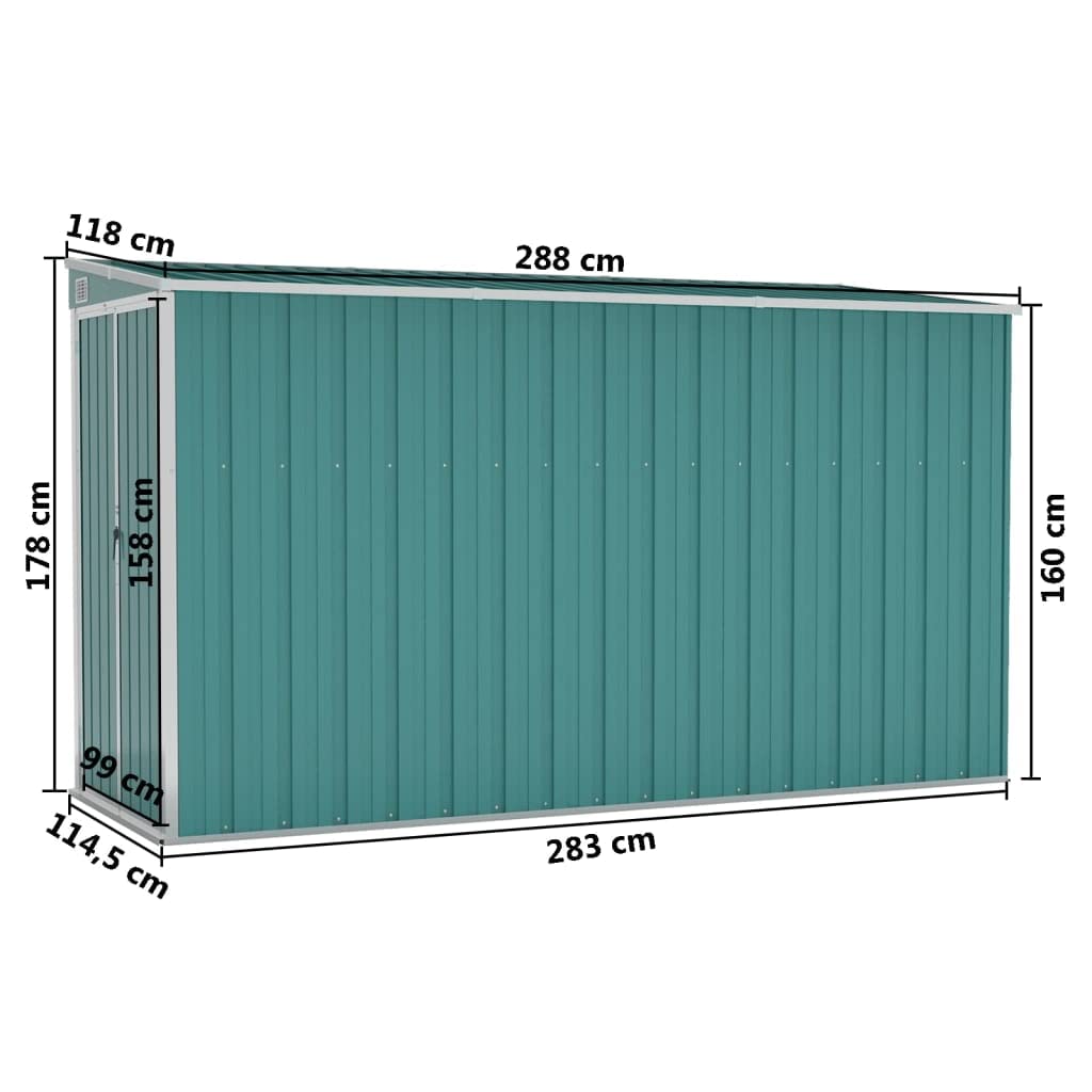 GOLINPEILO Abri de jardin extérieur mural en métal, abri de jardin utilitaire en acier, abri de jardin en acier avec portes coulissantes doubles, rangement utilitaire et outils, vert 46,5"x 113,4" x 70,1" 46,5" x 113,4" x 70,1" "(Mural) 