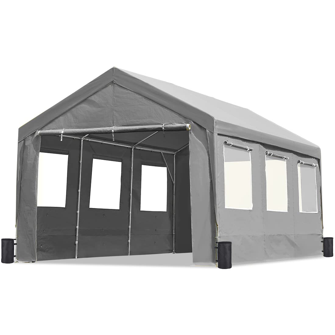 ADVANCE OUTDOOR Abri de voiture réglable robuste de 12 x 20 pieds avec 6 fenêtres ventilées enroulables et parois latérales amovibles, auvent de voiture, garage, abri de bateau, tente de fête, hauteur maximale de 9,5 pieds à 11 pieds, gris (020GY) 12'x20' 