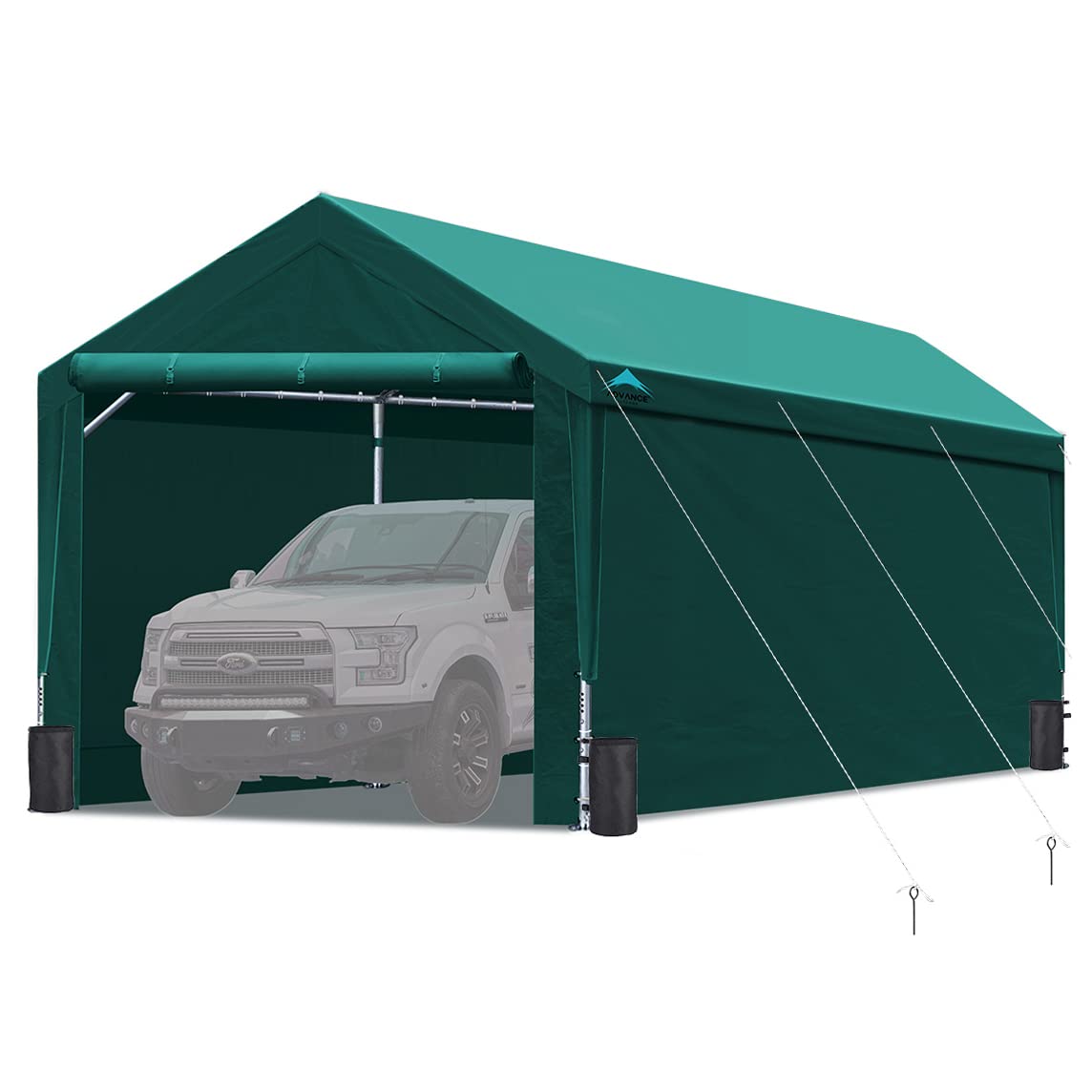 ADVANCE OUTDOOR 12x20 ft Heavy Duty Carport with Sidewalls and Doors, Adjustable Height from 9.5 to 11 ft, Car Canopy Garage Party Tent Boat Shelter 8 Reinforced Poles 4 Sandbags,Green (017G-2) With Sidewall Green