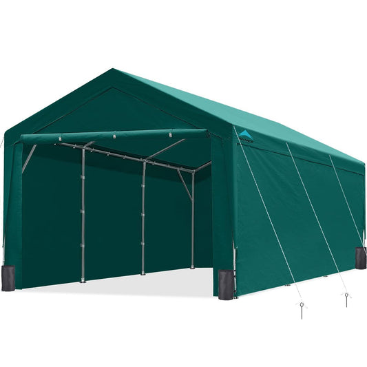 ADVANCE OUTDOOR Abri de voiture robuste de 12 x 20 pieds avec parois latérales et portes, hauteur réglable de 9,5 pieds à 11 pieds, auvent de voiture, tente de garage, abri de bateau avec 8 poteaux renforcés et 4 sacs de sable, vert vert 12'x20' 