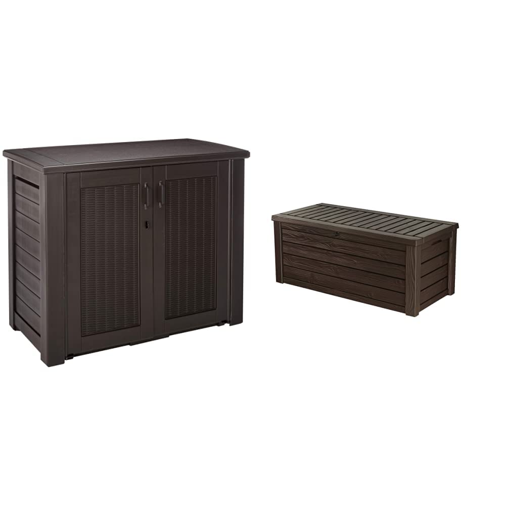 Rubbermaid Patio Chic Resin Weather Resistant Outdoor Storage Deck Box, 123 Gal, Black Oak Rattan Wicker Basket Weave, Outdoor Cushions, Garden Tools, Pool Toys, Brown Cabinet + Large Deck Box 150GL