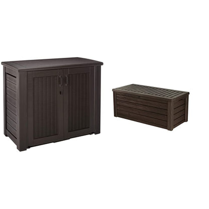 Rubbermaid Patio Chic Boîte de rangement extérieure en résine résistante aux intempéries, 123 gallons, panier en osier de chêne noir, coussins d'extérieur, outils de jardin, jouets de piscine, armoire marron + grande boîte de terrasse 150 GL 