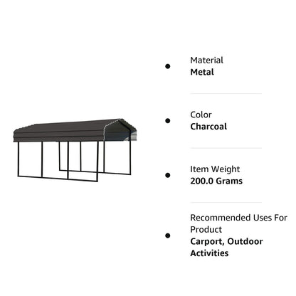 Arrow Shed CPHC101507 Heavy Duty Galvanized Steel Metal Multi-Use Shelter, Shade, Carport, 10' x 15' x 7' Carport Only Charcoal 10' x 15' x 7'