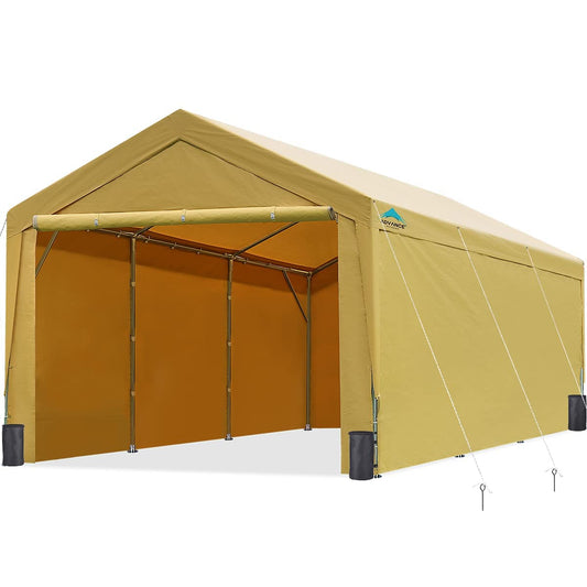 ADVANCE OUTDOOR Abri de voiture robuste de 12 x 20 pieds avec parois latérales et portes, hauteur réglable de 9,5 pieds à 11 pieds, auvent de voiture, garage, tente de fête, abri de bateau avec 8 poteaux renforcés et 4 sacs de sable, beige 12'x20' 