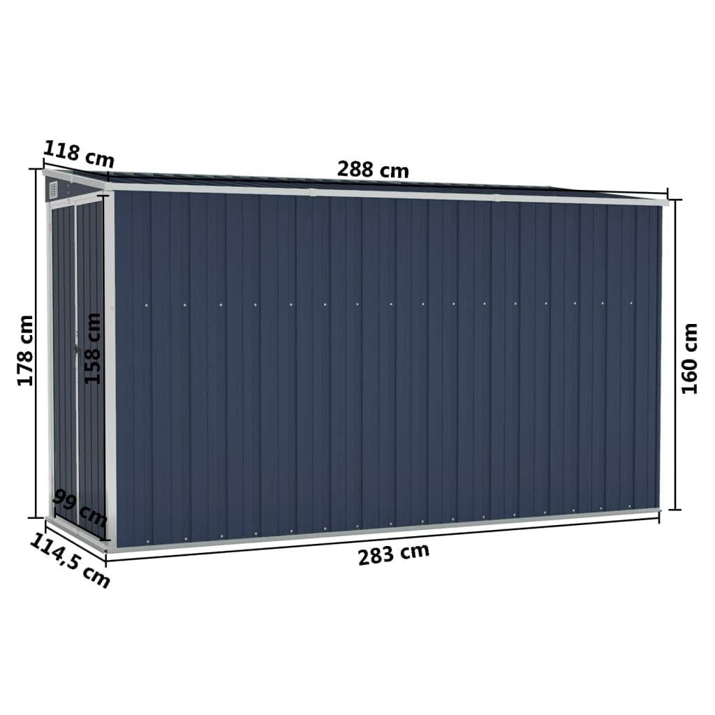 GOLINPEILO Abri de jardin extérieur mural en métal, abri de jardin utilitaire en acier, abri de jardin en acier avec portes coulissantes doubles, rangement utilitaire et outils, anthracite 46,5"x 113,4" x 70,1" 46,5" x 113,4" x 70,1" "(Mural) 