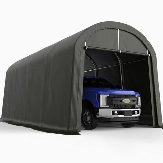 KING BIRD 10' x 20' Heavy Duty Carport Round Style Outdoor Instant Garage Anti-Snow Car Canopy with Reinforced Ground Bars 10'X20' Dark Gray