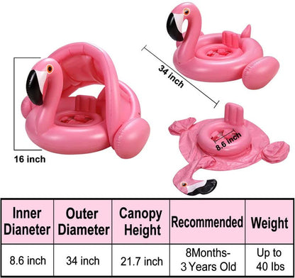 Anneau de natation Flamingo pour bébé avec support arrière UPF 50+ ne se retourne jamais, pare-soleil gonflable pour bébé, enfants, garçons, filles, tout-petits, été, plage, jouets aquatiques, rose