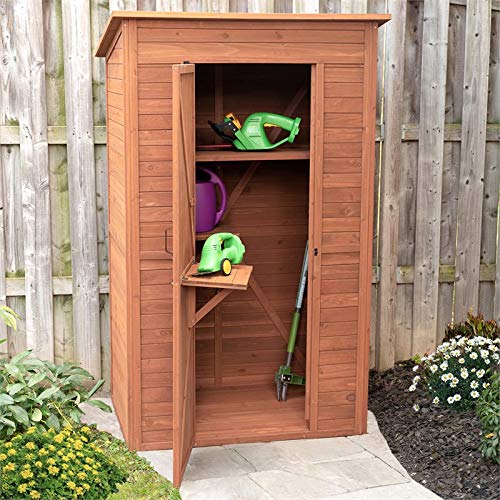 Leisure Season DSS8721 Abri de rangement profond avec table rabattable – Marron – Grand casier d'extérieur en bois pour pelouse, jardin, cour, porche – 2 étagères intérieures pour fournitures, outils – Organiseur résistant aux intempéries 