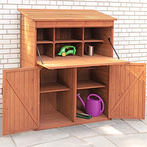 Leisure Season SCT1753 Armoire de rangement avec table rabattable – Marron – Grandes armoires verticales extérieures et intérieures pour jardinage, garage – Organiseur d'outils avec compartiments et étagères pour jardin, arrière-cour 