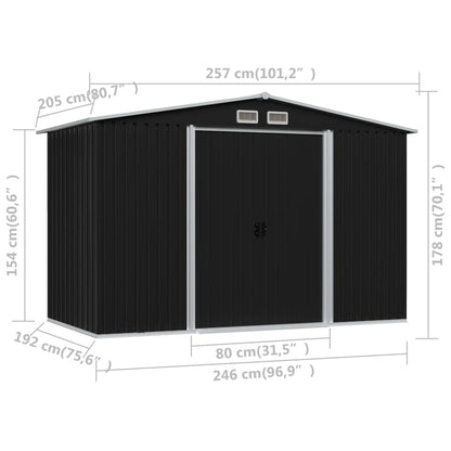 GOLINPEILO Abri de jardin extérieur en métal, 101,2" x 80,7" x 70,1", abri de jardin utilitaire en acier, abri de jardin en acier avec portes coulissantes doubles, rangement utilitaire et outils pour le jardin, anthracite 101,2" x 80,7" x 70,1" anthracite 