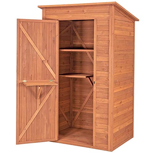 Leisure Season DSS8721 Abri de rangement profond avec table rabattable – Marron – Grand casier d'extérieur en bois pour pelouse, jardin, cour, porche – 2 étagères intérieures pour fournitures, outils – Organiseur résistant aux intempéries 