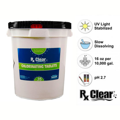 Rx Clear Comprimés de chlore stabilisé de 1 pouce | Utiliser comme bactéricide, algicide et désinfectant dans les piscines et les spas | Dissolution lente et protection UV | 35 livres