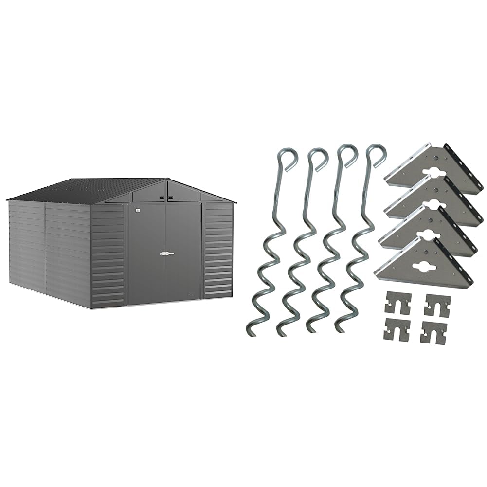 Arrow Shed Select 10' x 14' Outdoor Lockable Steel Storage Shed Building, Charcoal & AK600 Earth Anchor Kit, Steel-Stainless Shed Building + Anchor Kit