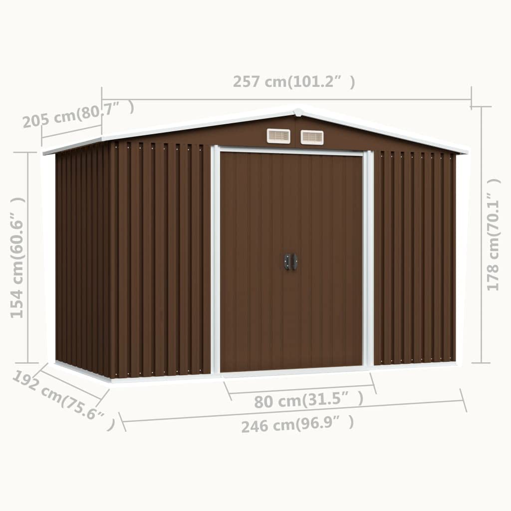 CHARMMA Outdoor Garden Storage Shed with Sliding Doors and Vents Galvanized Steel Outdoor Tool Shed Pool Supplies Organizer Brown for Patio, Backyard, Lawn 9'x7'x6'(W x D x H) 101.2"x80.7"x70.1"