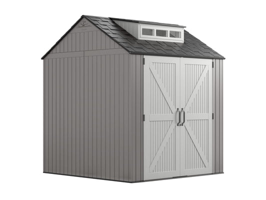 Rubbermaid Resin Weather Resistant Outdoor Storage Shed, 7 x 7 ft., Simple Gray/Onyx, for Garden/Backyard/Home/Pool 7'x7'