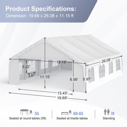 Morngardo Auvent de tente pour fêtes, tente de voiture robuste, abri de voiture en métal, garage portable avec parois latérales amovibles, blanc 20' x 26' 