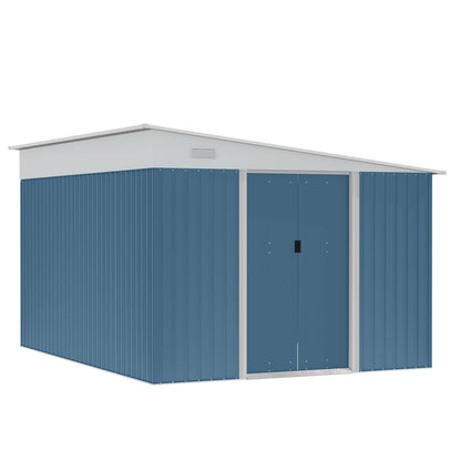 Outsunny 11' x 9' Steel Garden Storage Shed Outdoor Metal Lean to Tool House with Double Sliding Lockable Doors & 2 Air Vents, Blue