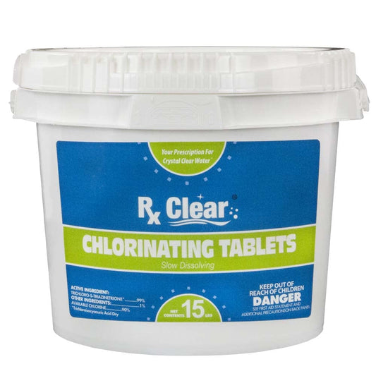 Rx Clear 3-Inch Individually Wrapped Chlorine Tablets | One 15-Pound Bucket | Use As Bactericide, Algaecide, and Disinfectant in Swimming Pools and Spas | Slow Dissolving and UV Protected 15 lbs