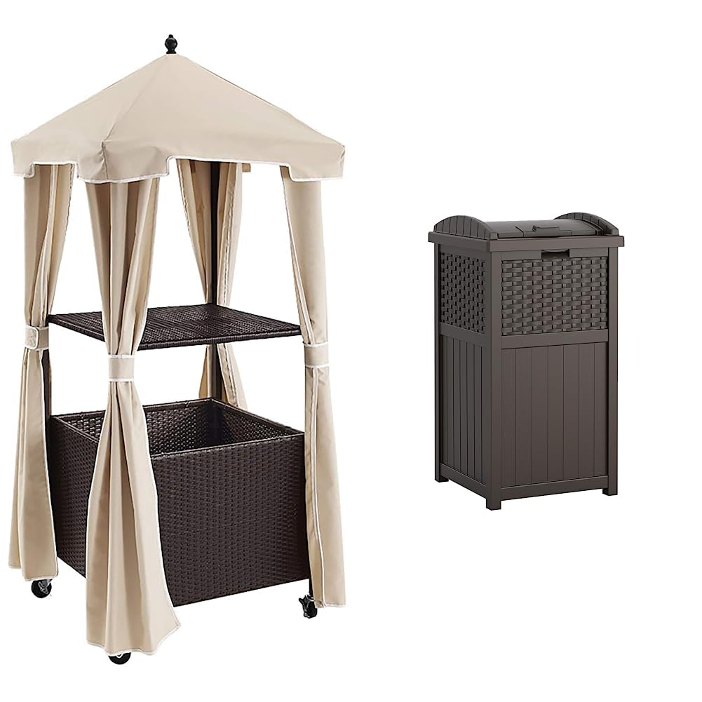 Crosley Furniture Palm Harbor Outdoor Wicker Rolling Towel Valet with Sand Cover - Brown & Suncast 33 Gallon Hideaway Can Resin Outdoor Trash with Lid Use in Backyard, Deck, or Patio, 33-Gallon, Brown Valet + Trash, 33-Gallon, Brown