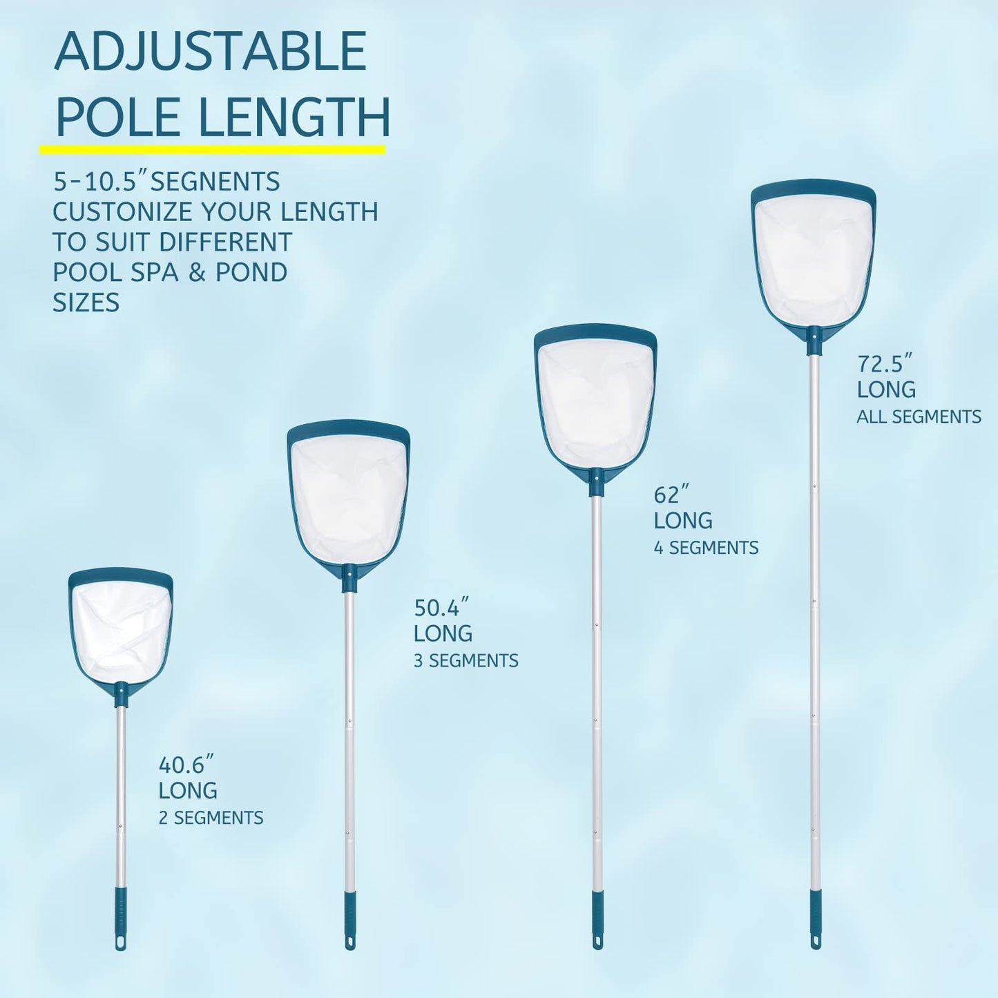 POOLWHALE Upgrades Swimming Pool Telescopic Leaf Net Skimmer Rake with Adjustable Aluminum Pole and Nylon Medium Fine Mesh for Cleaning Swimming Pools, Hot Tubs, Spas and Fountains Pool Skimmer with Pole