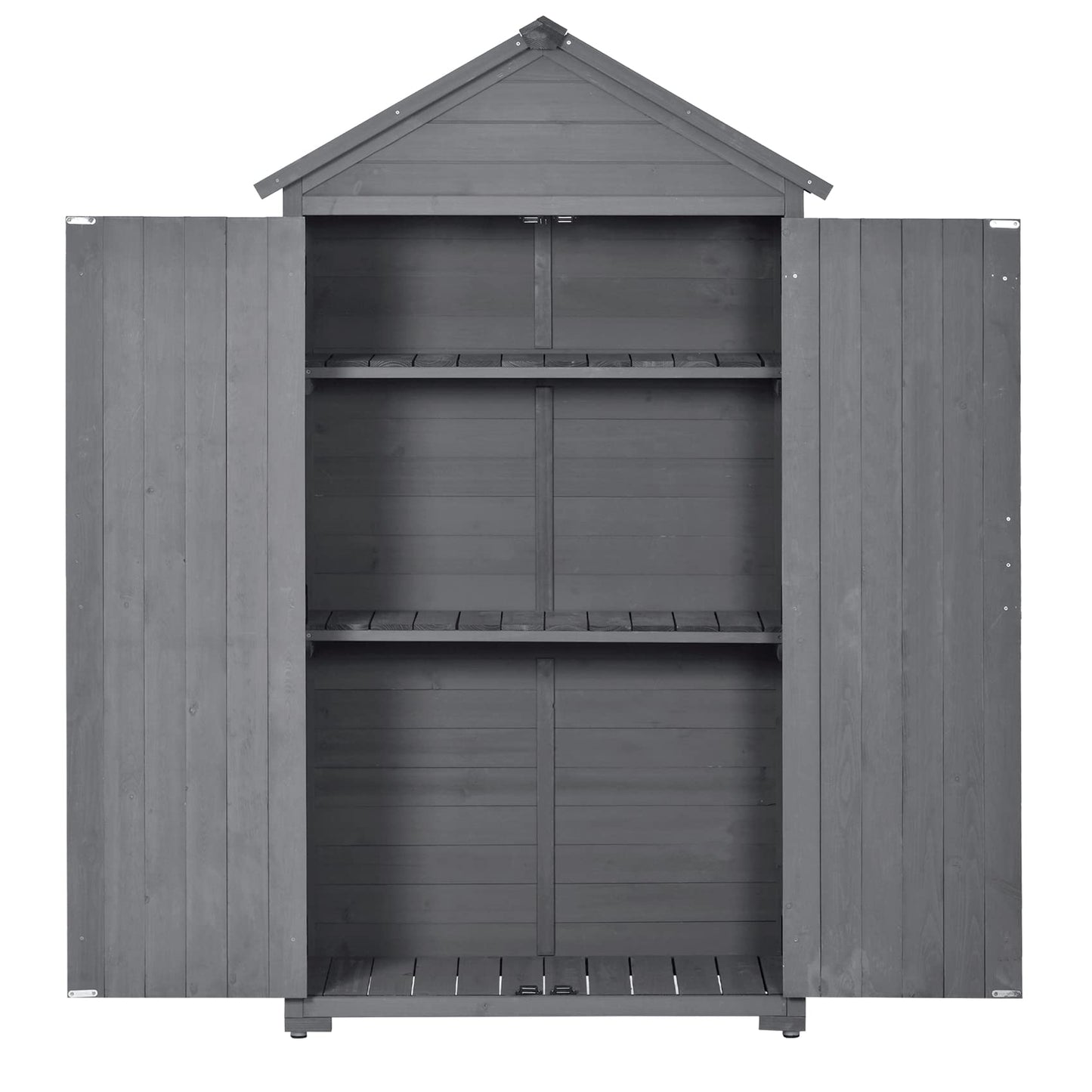 Outdoor Storage Shed with Floor, Wooden Storage Cabinet Waterproof, Garden Tool Shed with 3-Tier Shelves, Outside Vertical Shed with 2 Double Doors & Adjustable Legs, Fir Wood, Lockable (Gray) 35.4 x 22.4 x 69.3 Gray with 3 Tier Shelves & 2 Door