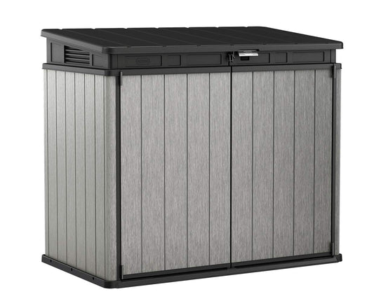 Keter Elite Store 4.6 x 2.7 Foot Resin Outdoor Storage Shed with Easy Lift Hinges, Perfect for Trash Cans, Yard Tools, and Pool Toys, Grey Wood Grain
