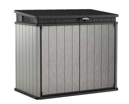 Keter Elite Store Abri de rangement extérieur en résine de 4,6 x 2,7 pieds avec charnières faciles à soulever, parfait pour les poubelles, les outils de jardin et les jouets de piscine, grain de bois gris 