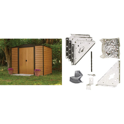 Arrow Shed WR86 Arrow Woodridge Low Gable Steel, Coffee/Woodgrain 8 x 6 ft. Storage Shed & AK100 Concrete Anchor Kit Storage Shed + Concrete Anchor Kit