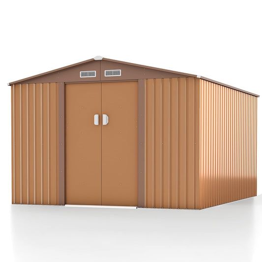 HOGYME 10.5' x 9.1' Storage Shed Large Metal Shed, Sheds &Outdoor Storage Clearance Suitable for Garden Tool Bike Lawn Mower Ladder, Utility Tool House w/Lockable/Sliding Door, 4 Vents, Coffee 9.1x10.5