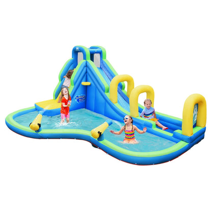 BOUNTECH Toboggan gonflable, méga parc de toboggans aquatiques pour enfants dans le jardin avec long toboggan d'aventure, piscine à éclaboussures, escalade, toboggans gonflables pour enfants et adultes, cadeaux de fête en plein air sans souffleur