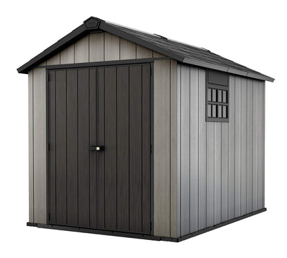 Keter Oakland 7.5x9 Foot Large Resin Outdoor Shed with Customizable Walls for Lawn Mower and Bike Storage, 7.5 x 9, Grey Gray