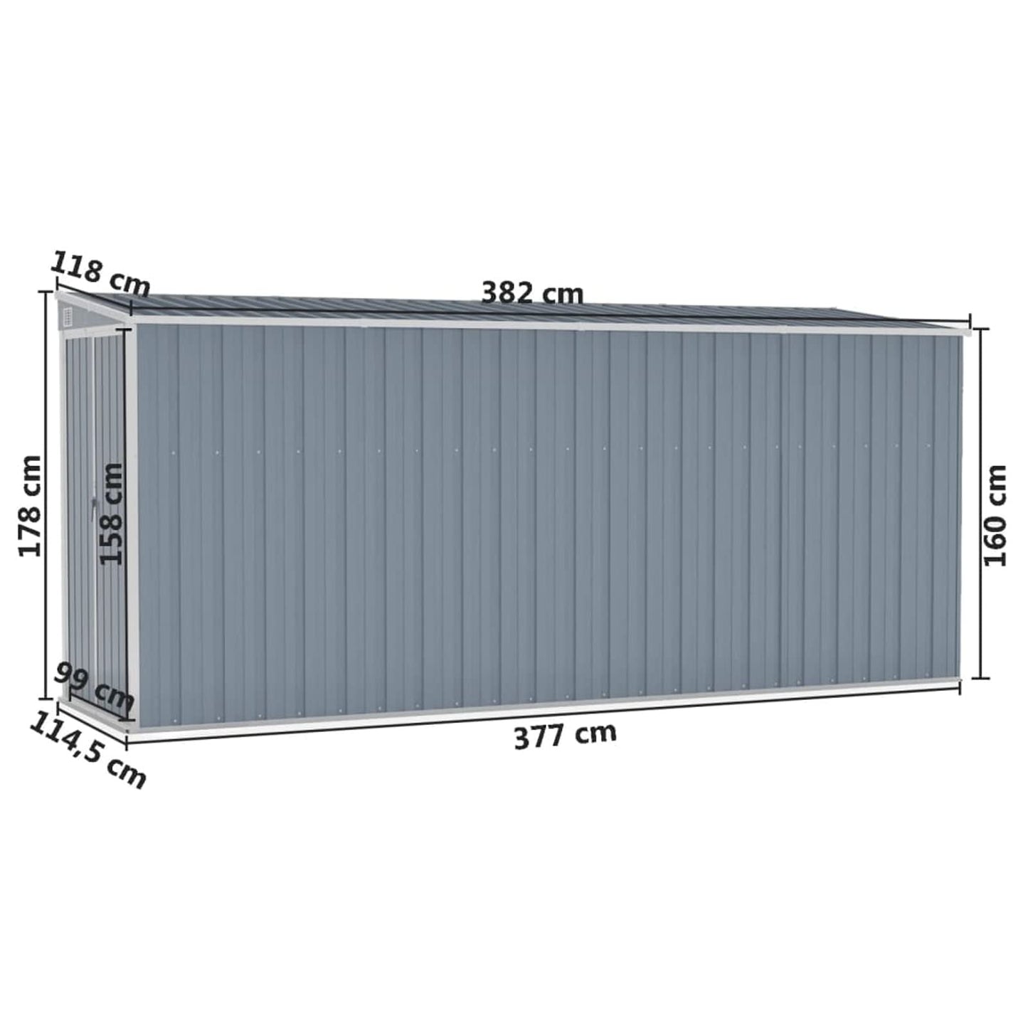 Gecheer Abri de jardin mural gris 46,5"x150,4"x70,1" en acier, abri de rangement extérieur avec porte en acier galvanisé, maison de rangement pour jardin, patio, pelouse 46,5 x 150,4 x 70,1 