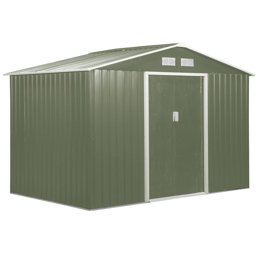 Outsunny 9' x 6' Metal Storage Shed, Garden Tool House with Floor Foundation, Double Sliding Doors, 4 Air Vents for Backyard, Patio, Lawn, Green 9' x 6'