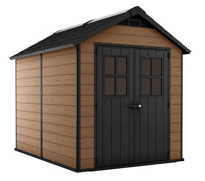 Keter Newton 7.5x9 Large Resin Outdoor Storage Shed Kit – Perfect to Store Patio Furniture, Garden Tools, Bike Accessories, and Lawn Mower, Mahogany Brown