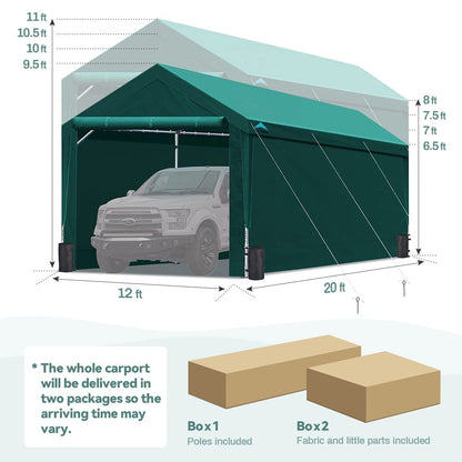 ADVANCE OUTDOOR Abri de voiture robuste de 12 x 20 pieds avec parois latérales et portes, hauteur réglable de 9,5 pieds à 11 pieds, auvent de voiture, tente de garage, abri de bateau avec 8 poteaux renforcés et 4 sacs de sable, vert vert 12'x20' 