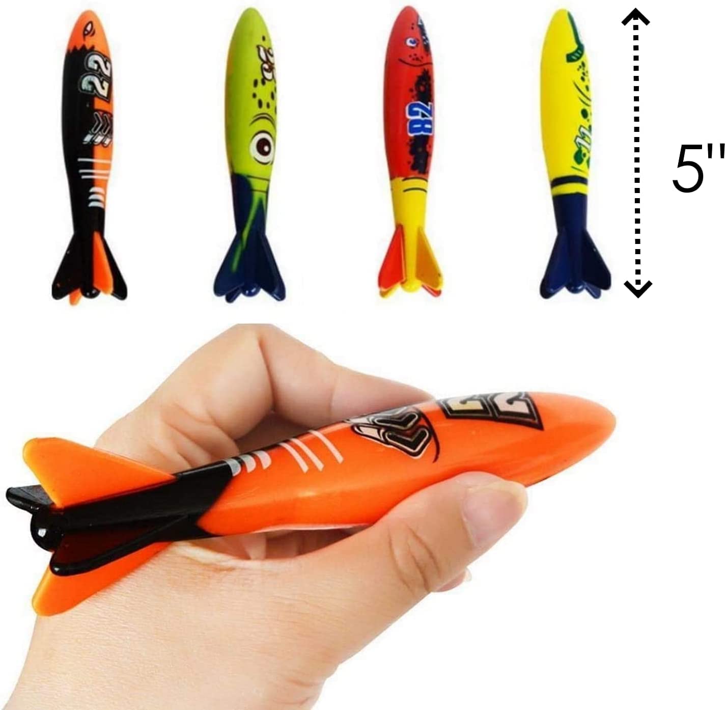 Haktoys Underwater Diving Torpedo Bandits, Swimming Pool Toy 5” Sharks Glides Up to 20 Feet Fun Water Games for Boys and Girls (Set of 8 Pieces) Multicolor Torpedoes