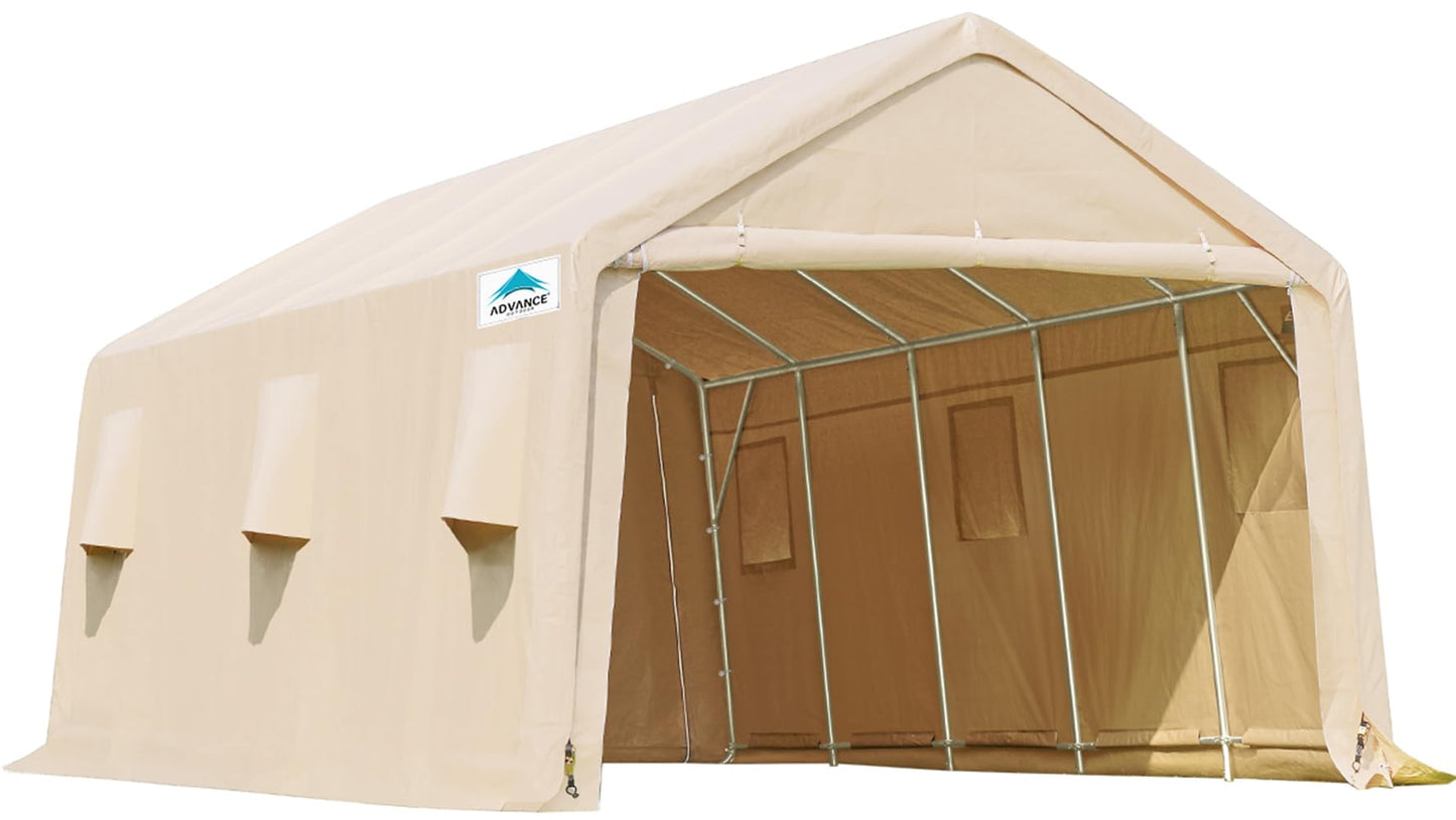 ADVANCE OUTDOOR Tente de garage de 4,3 x 6,1 m avec 2 portes enroulables et aérations, abri de rangement extérieur portable pour véhicule, camion, bateau, anti-UV, résistant à la neige, imperméable, beige 