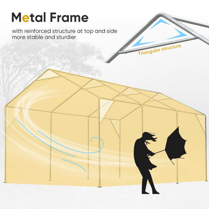 ADVANCE OUTDOOR Abri de voiture réglable robuste de 3,7 x 6,1 m avec 6 fenêtres ventilées enroulables et parois latérales amovibles, auvent de voiture, garage, abri de bateau, tente de fête, hauteur maximale de 9,5 pieds à 11 pieds, beige jaune 12' x 20' 