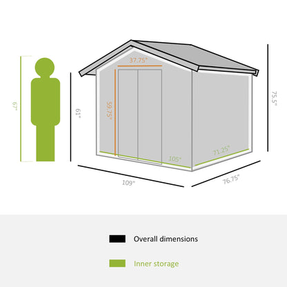 Outsunny Abri de rangement en métal 9' x 6', abri de jardin avec fondation au sol, doubles portes coulissantes, 4 bouches d'aération pour jardin, patio, pelouse, gris foncé 9' x 6' 