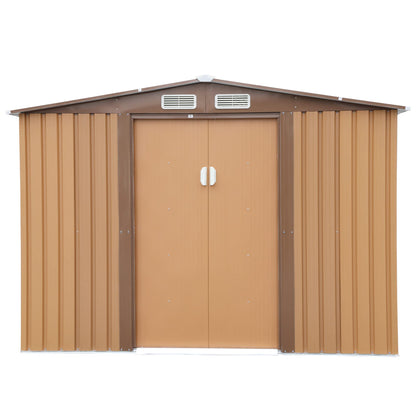 NBTiger Grand abri de rangement extérieur de 2,4 x 2,4 m, outil utilitaire robuste, organisateur d'équipement de tondeuse à gazon pour jardin avec toit à pignon, porte coulissante verrouillable, cadre de sol, aérations – Marron 