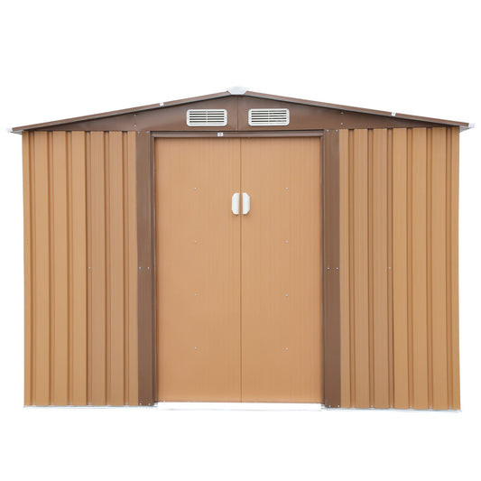 NBTiger 8’ x 8’ Large Outdoor Storage Shed, Sturdy Utility Tool Lawn Mower Equipment Organizer for Backyard Garden w/Gable Roof, Lockable Sliding Door, Floor Frame, Vents - Brown