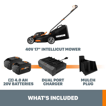 Worx WG743 Tondeuse à gazon sans fil 40 V Power Share 4,0 Ah 17 po (piles et chargeur inclus) Piles 17 po 40 V 4,0 Ah incluses 