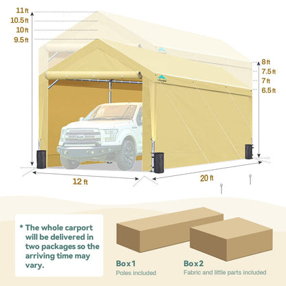 ADVANCE OUTDOOR 12x20 ft Heavy Duty Carport with Sidewalls & Doors, Adjustable Height from 9.5 to 11 ft, Car Canopy Garage Party Tent Boat Shelter 8 Reinforced Poles and 4 Sandbags, Beige 017BY-1 With Sidewall