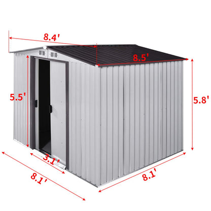 NBTiger Grand abri de rangement extérieur de 2,4 x 2,4 m, outil utilitaire robuste, organisateur d'équipement de tondeuse à gazon pour jardin avec toit à pignon, porte coulissante verrouillable, cadre de sol, aérations – Blanc 