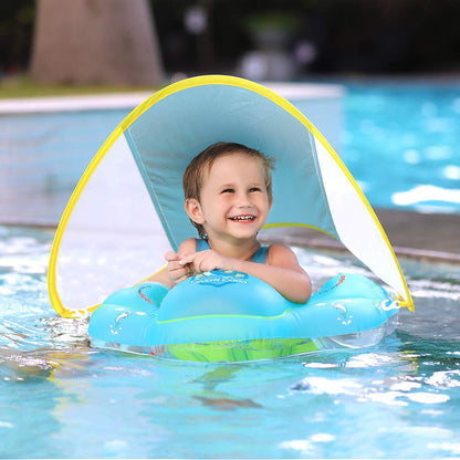 Swimbobo Flotteur de natation pour bébé Anneau de flotteur gonflable pour bébé avec protection solaire Auvent amovible pour les enfants âgés de 3 à 36 mois Amusant sur l'eau (Blue+Canopy,L) Blue+canopy Large