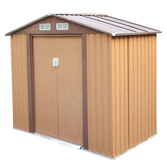 NBTiger 4.2’ x 7’ Large Outdoor Storage Shed, Sturdy Utility Tool Lawn Mower Equipment Organizer for Backyard Garden w/Gable Roof, Lockable Sliding Door, Vents - Coffee